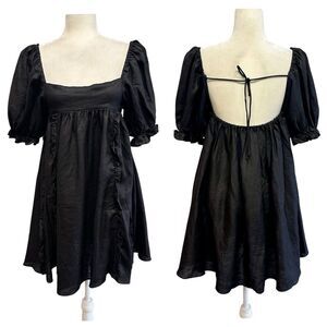 MABLE 100% Linen Womens Size M Black Short Babydoll Dress Puff Sleeves Fit Flare